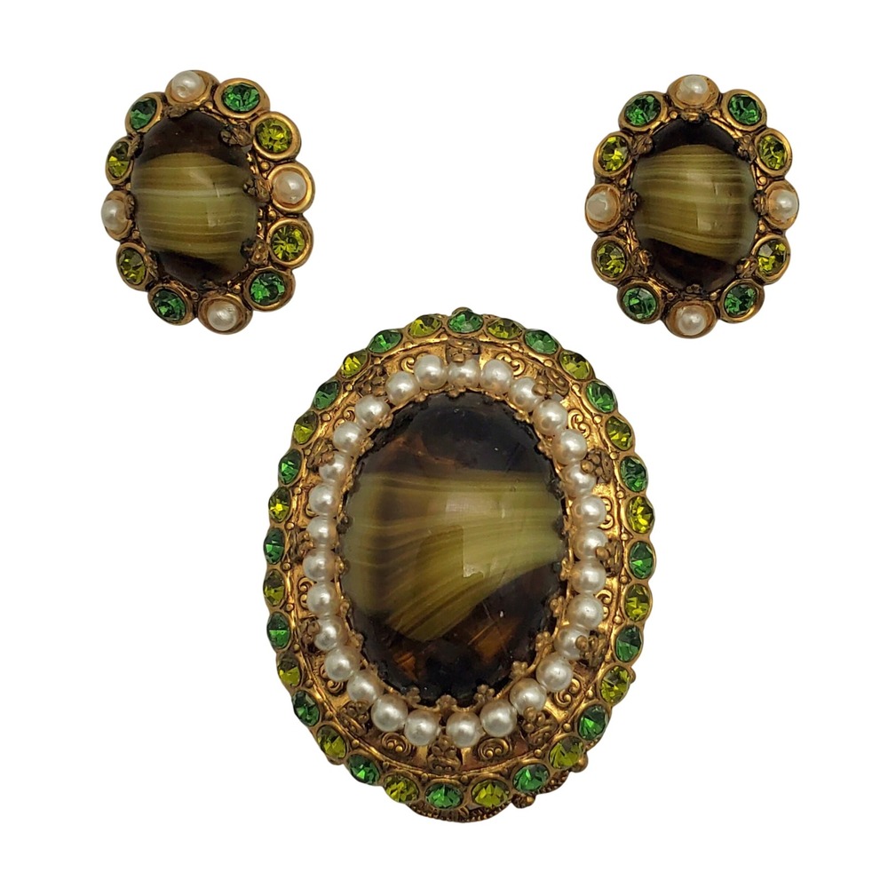 West Germany Clip Earrings Brooch Green Porphyry Art Glass Rhinestone Pearl Vtg